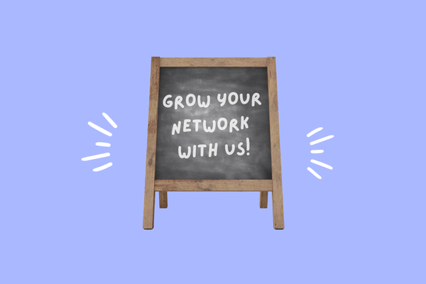 A sandwich chalkboard is imposed on a blue background. It reads, "Grow your network with us!"