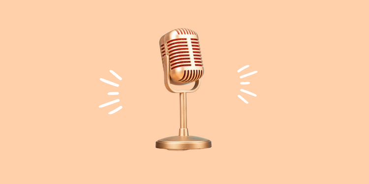 An old-school, retro-looking gold microphone is super imposed on a peach background