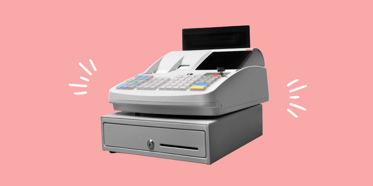 An grey, 90s-era cash register is super imposed on a pink background