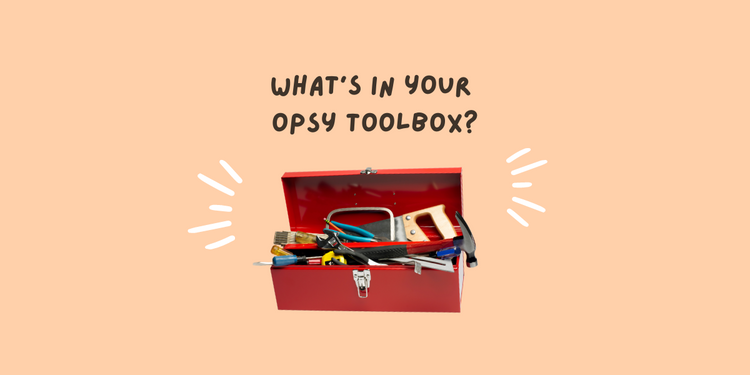 Red toolbox is overflowing with tools and superimposed on a peach background. Text reads, "What's in your Opsy toolbox?"