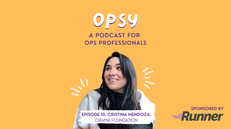 Podcast guest Cristina Mendoza is superimposed on a bright yellow background for the episode's cover art