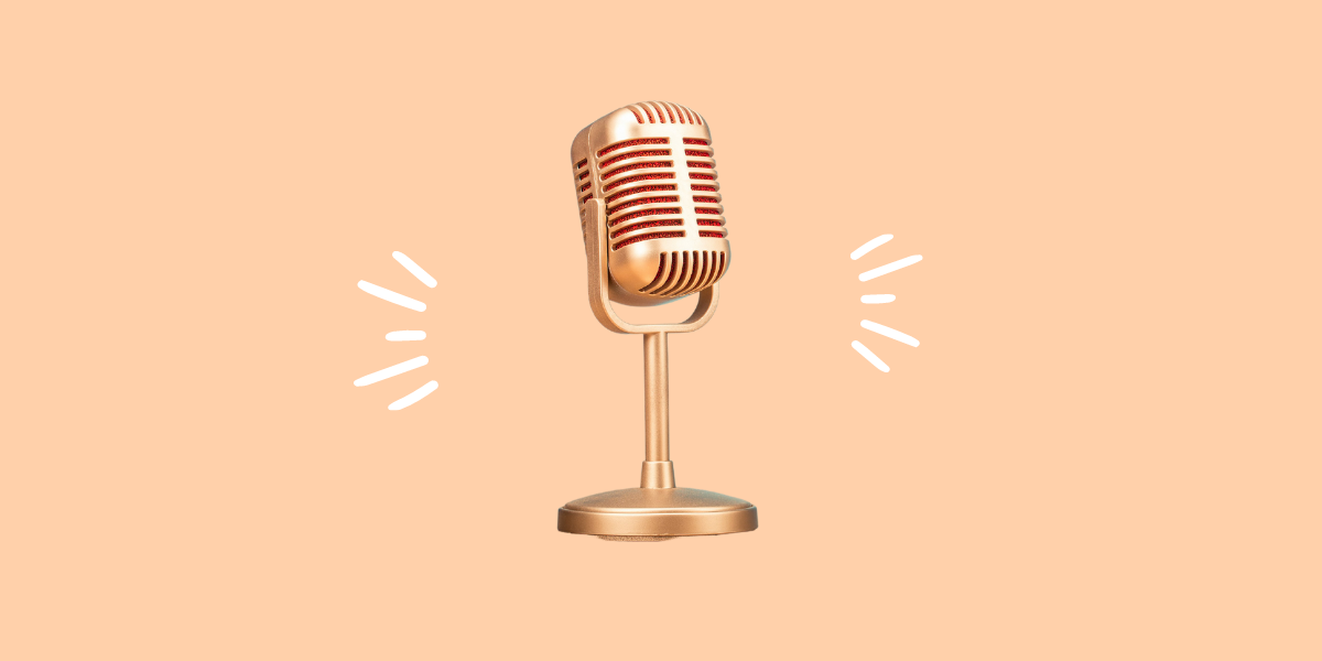 An old-school, retro-looking gold microphone is super imposed on a peach background