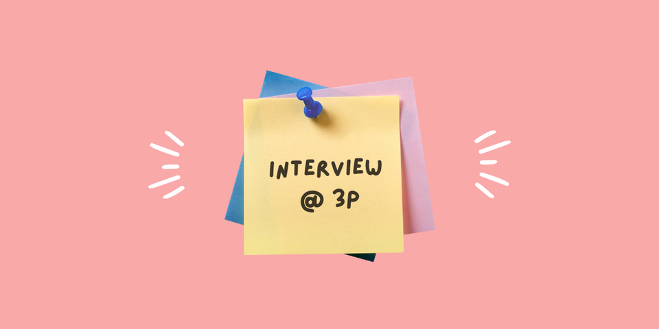 A stack of post-its are super imposed on a pink background. The top post-it reads, "Interview at 3p"