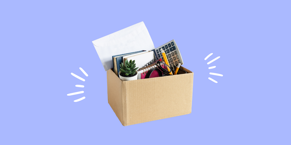 A cardboard box is imposed on a purple background. Inside the box are items you'd clean off your desk when leaving a job.